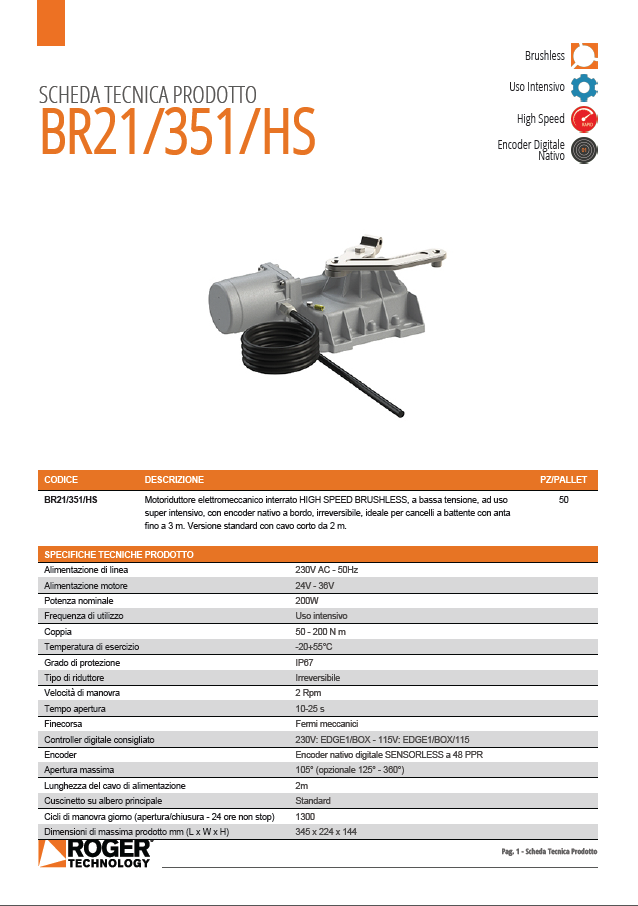 Motoriduttore elettromeccanico interrato HIGH SPEED BRUSHLESS BR21351HS